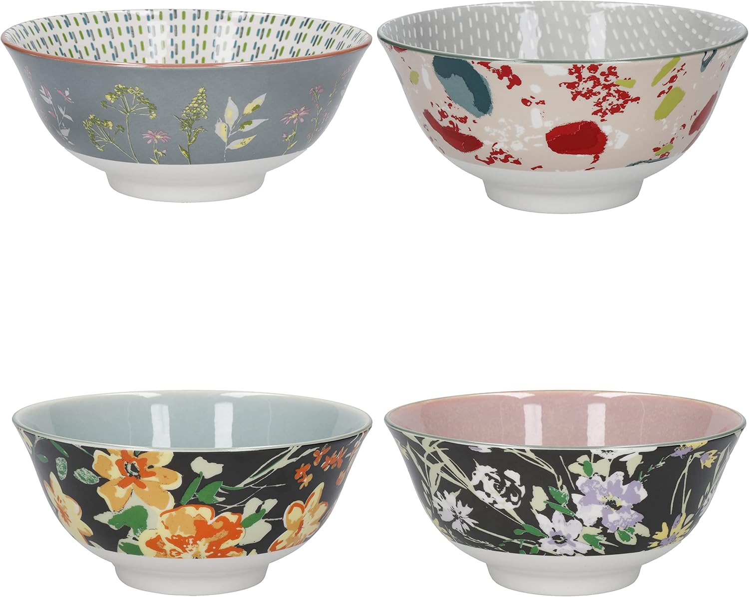 KitchenCraft Glasierte Steinzeugschalen — Boho-Blumenmuster (4er-Set)
