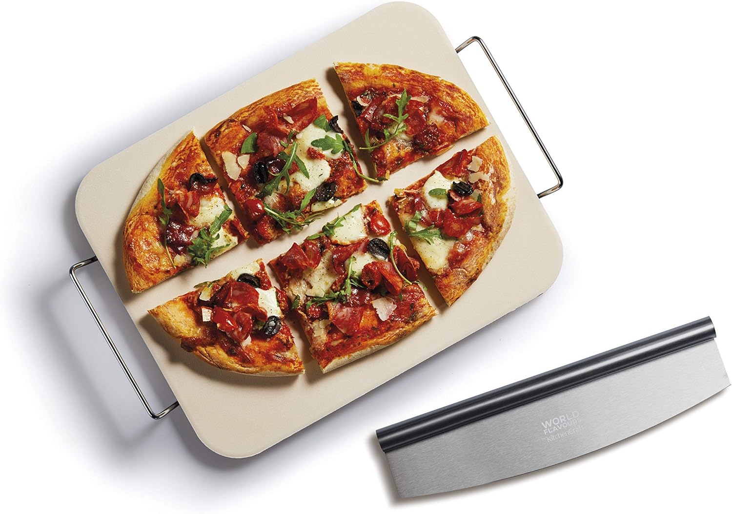 KitchenCraft World of Flavours Pizzastein- und Wiegemesser-Set